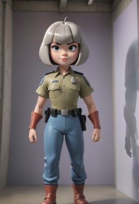 1girl,solo,looking at viewer,smile,short hair,bangs,blue eyes,shirt,closed mouth,standing,full body,ahoge,white hair,short sleeves,grey hair,boots,solo focus,collared shirt,belt,pants,artist name,indoors,signature,blunt bangs,uniform,lips,buttons,shadow,brown footwear,bob cut,denim,child,pocket,pouch,jeans,blue pants,female child,badge,belt pouch,police,police uniform,military,military uniform,thick eyebrows,nose,ankle boots