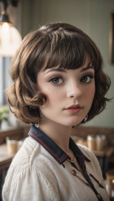 1girl,solo,looking at viewer,short hair,bangs,brown hair,shirt,brown eyes,white shirt,upper body,parted lips,collared shirt,artist name,indoors,mole,blurry,black eyes,lips,grey eyes,eyelashes,buttons,depth of field,blurry background,bob cut,freckles,realistic,nose,lamp,jewelry,teeth,makeup,watermark,table,plant,wing collar,portrait