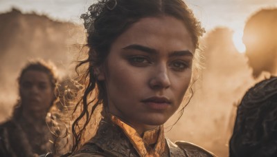 1girl,long hair,looking at viewer,brown hair,black hair,brown eyes,closed mouth,multiple boys,solo focus,artist name,signature,dark skin,2boys,armor,blurry,black eyes,lips,depth of field,blurry background,portrait,freckles,realistic,nose,solo,sunlight,backlighting