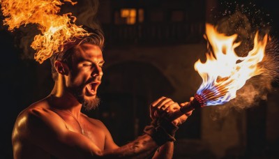 solo,open mouth,1boy,upper body,male focus,dark skin,facial hair,parody,dark-skinned male,fire,beard,chest hair,afro,burning,blonde hair,gloves,holding,fingerless gloves,muscular,topless male,realistic,mohawk