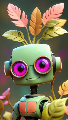 solo,looking at viewer,smile,purple eyes,upper body,flower,pink eyes,blurry,no humans,leaf,plant,robot,mecha,pink flower,green background,straight-on,humanoid robot,non-humanoid robot,1boy,male focus,artist name,signature,depth of field,blurry background