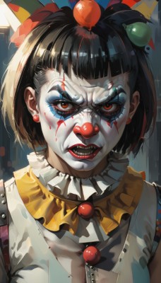 1girl,solo,breasts,looking at viewer,short hair,open mouth,bangs,black hair,red eyes,cleavage,brown eyes,jewelry,upper body,earrings,frills,teeth,shiny,blunt bangs,collar,lips,blood,makeup,detached collar,colored skin,facial mark,bob cut,lipstick,pale skin,portrait,angry,nose,red lips,facepaint,mascara,neck ruff,clown,hair ornament,food,eyelashes,fruit,clenched teeth,eyeshadow,food-themed hair ornament,object on head,food on head,black lips