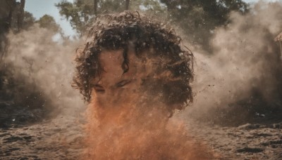 1girl,solo,black hair,closed eyes,outdoors,sky,day,water,tree,wet,portrait,steam,smoke,partially submerged,curly hair,realistic,dust,brown hair,1boy,cloud,no humans,scenery