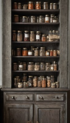 indoors,no humans,bottle,scenery,realistic,shelf,jar,still life,cabinet