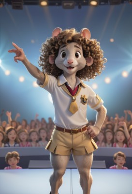 solo,looking at viewer,smile,open mouth,brown hair,shirt,1boy,animal ears,brown eyes,school uniform,standing,full body,white shirt,short sleeves,male focus,necktie,shoes,shorts,solo focus,collared shirt,belt,black footwear,arm up,hand on hip,:3,blurry background,pointing,furry,curly hair,mouse ears,furry female,furry male,badge,crowd,whiskers,stage,leg hair,spotlight,stage lights,afro,buck teeth,furrification,teeth,artist name,hand up,blurry,neckerchief,short shorts,feet out of frame,watermark,sunlight,thick eyebrows,outstretched arm,backlighting,freckles,brown belt,yellow neckerchief,dancing,yellow necktie,brown shorts,animal nose,brown fur,what,arm hair,people,cheering,wrestling ring,audience