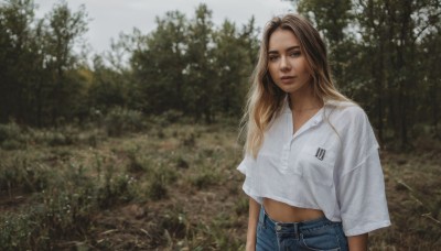 1girl,solo,long hair,breasts,looking at viewer,smile,blonde hair,brown hair,shirt,brown eyes,white shirt,upper body,short sleeves,multicolored hair,outdoors,day,midriff,pants,blurry,two-tone hair,tree,lips,crop top,blurry background,denim,nature,forest,denim shorts,pocket,jeans,realistic,photo background,blue eyes,jewelry,standing,parted lips,necklace,grass,scenery,blue pants,midriff peek