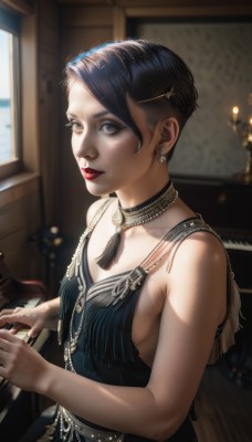 1girl,solo,breasts,looking at viewer,short hair,black hair,hair ornament,dress,bare shoulders,brown eyes,jewelry,closed mouth,collarbone,upper body,earrings,small breasts,sleeveless,choker,hairclip,indoors,necklace,nail polish,blurry,black dress,lips,window,sideboob,makeup,sleeveless dress,depth of field,blurry background,ring,lipstick,instrument,red nails,realistic,nose,red lips,fringe trim,piano,watermark,music,playing instrument