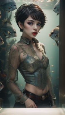 1girl,solo,breasts,looking at viewer,short hair,bangs,blue eyes,shirt,black hair,long sleeves,navel,cleavage,jewelry,medium breasts,standing,cowboy shot,earrings,parted lips,midriff,belt,pants,artist name,water,nail polish,mole,lips,crop top,fingernails,see-through,eyelashes,makeup,buttons,animal,black pants,sunlight,lipstick,red nails,buckle,eyeshadow,fish,bubble,light rays,belt buckle,underwater,realistic,nose,red lips,stud earrings,brown belt,eyeliner,air bubble,mascara,aquarium,collarbone,teeth,necklace,stomach,collar,tattoo,swept bangs,denim,corset,cropped jacket,jeans,very short hair,leather