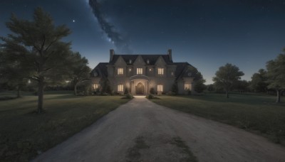 outdoors,sky,cloud,tree,no humans,window,night,grass,building,star (sky),nature,night sky,scenery,forest,starry sky,road,bush,house,lamppost,path,door,dark