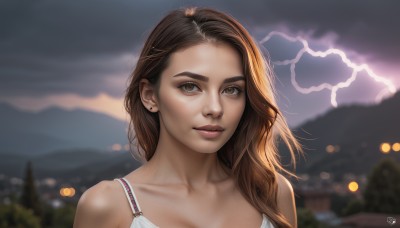 1girl,solo,long hair,breasts,looking at viewer,smile,brown hair,bare shoulders,brown eyes,jewelry,collarbone,upper body,earrings,outdoors,parted lips,sky,artist name,cloud,signature,blurry,lips,depth of field,blurry background,cloudy sky,portrait,freckles,realistic,nose,stud earrings,lightning,cleavage,bra,eyelashes,thick eyebrows,bokeh