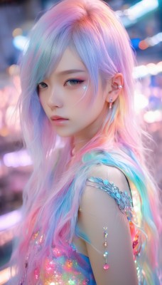 1girl,solo,long hair,looking at viewer,bangs,blue eyes,bare shoulders,jewelry,closed mouth,green eyes,upper body,pink hair,multicolored hair,earrings,sleeveless,blurry,from side,lips,grey eyes,gradient hair,makeup,depth of field,blurry background,swept bangs,piercing,gem,ear piercing,eyeshadow,realistic,nose,dress,brown eyes,blue hair,artist name,looking to the side,eyelashes,watermark,facial mark,expressionless,web address,lens flare,pink lips,bokeh,mascara