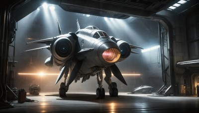 HQ,signature,military,no humans,window,sunlight,robot,mecha,science fiction,light rays,realistic,aircraft,can,military vehicle,airplane,light,vehicle focus,damaged,spacecraft,lights,jet,fighter jet,cable,cockpit