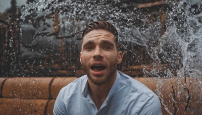 solo,looking at viewer,smile,short hair,open mouth,brown hair,shirt,1boy,white shirt,upper body,male focus,outdoors,teeth,collared shirt,water,blurry,black eyes,tree,facial hair,beard,snow,meme,water drop,realistic,mustache,splashing,photo background,real life insert,brown eyes,blurry background,blue shirt,stubble