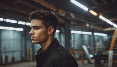 solo,short hair,brown hair,black hair,1boy,brown eyes,jacket,upper body,male focus,indoors,blurry,from side,black jacket,profile,blurry background,facial hair,realistic,nose,leather,leather jacket,shirt,closed mouth,black shirt,depth of field,portrait,sideburns,looking ahead,ceiling light