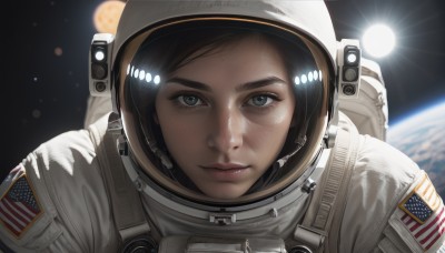 1girl,solo,looking at viewer,short hair,blue eyes,brown hair,black hair,closed mouth,upper body,black eyes,lips,grey eyes,eyelashes,moon,helmet,portrait,freckles,reflection,realistic,nose,sun,space,straight-on,planet,earth (planet),american flag,spacesuit,japanese flag,space helmet,astronaut,blurry,expressionless,close-up,backlighting,american flag print