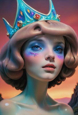 1girl,solo,blush,short hair,blue eyes,brown hair,bare shoulders,collarbone,outdoors,parted lips,sky,shiny,artist name,lips,shiny skin,eyelashes,makeup,colored skin,watermark,crown,lipstick,gem,portrait,eyeshadow,curly hair,sunset,nose,mascara,looking at viewer