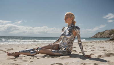 1girl, solo, long hair, breasts, blonde hair, sitting, full body, closed eyes, ponytail, small breasts, outdoors, parted lips, sky, barefoot, day, cloud, dark skin, blurry, dark-skinned female, blue sky, lips, blurry background, ocean, arm support, beach, science fiction, realistic, nose, sand, android