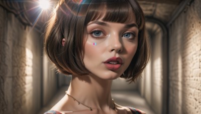 1girl,solo,looking at viewer,short hair,open mouth,bangs,blue eyes,brown hair,jewelry,collarbone,hairband,parted lips,teeth,shiny,indoors,blunt bangs,necklace,blurry,lips,eyelashes,makeup,sunlight,bob cut,lipstick,portrait,lens flare,freckles,light rays,realistic,nose,red lips,depth of field,blurry background,facial mark,close-up,facepaint