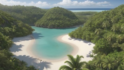 outdoors,sky,day,cloud,water,tree,blue sky,no humans,shadow,ocean,beach,cloudy sky,grass,plant,nature,scenery,forest,mountain,sand,palm tree,horizon,bush,summer,river,landscape,lake,shore,island,shade