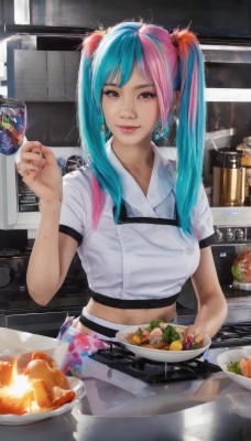 1girl,solo,long hair,breasts,looking at viewer,smile,bangs,skirt,shirt,hair ornament,navel,holding,twintails,brown eyes,jewelry,medium breasts,closed mouth,blue hair,white shirt,upper body,pink hair,short sleeves,multicolored hair,earrings,food,midriff,collared shirt,indoors,pink eyes,two-tone hair,lips,crop top,aqua hair,plate,realistic,cooking,kitchen,artist name,hand up,apron,streaked hair,cosplay,watermark,knife,web address,spoon,counter,salad