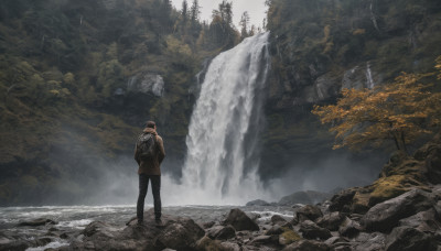 solo, 1boy, hat, standing, jacket, male focus, outdoors, pants, water, bag, from behind, tree, backpack, nature, scenery, forest, waterfall