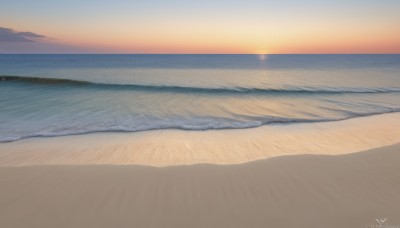 outdoors,sky,artist name,cloud,signature,water,no humans,ocean,watermark,beach,scenery,sunset,sand,horizon,waves,evening,gradient sky,shore,orange sky,sun