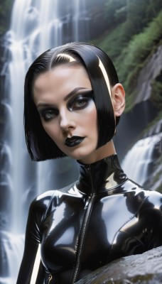 1girl,solo,breasts,looking at viewer,short hair,bangs,black hair,brown eyes,jewelry,medium breasts,upper body,multicolored hair,earrings,small breasts,outdoors,parted lips,shiny,artist name,water,blurry,two-tone hair,lips,wet,bodysuit,makeup,blurry background,bob cut,lipstick,eyeshadow,zipper,shiny clothes,black bodysuit,stud earrings,latex,waterfall,black lips,latex bodysuit,green eyes,signature,eyelashes,sunlight,skin tight,forehead,realistic,nose,zipper pull tab