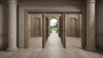 outdoors,sky,day,cloud,indoors,tree,blue sky,no humans,window,grass,nature,scenery,wooden floor,door,bush,pillar,column,sunlight,plant,building,stairs,wall,architecture,hallway,doorway,path,arch