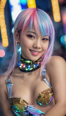 1girl,solo,long hair,breasts,looking at viewer,smile,bangs,cleavage,bare shoulders,jewelry,medium breasts,blue hair,upper body,pink hair,multicolored hair,earrings,small breasts,teeth,choker,grin,blurry,black eyes,two-tone hair,lips,makeup,blurry background,freckles,realistic,blue eyes,bra,collar,lipstick,eyeshadow