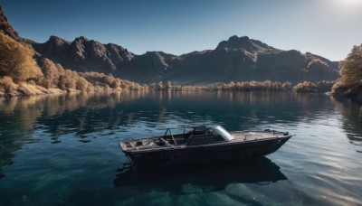 outdoors,sky,day,water,tree,blue sky,no humans,nature,scenery,forest,reflection,mountain,sun,watercraft,river,ship,boat,landscape,lake,cloud,military,ocean,sunlight,military vehicle