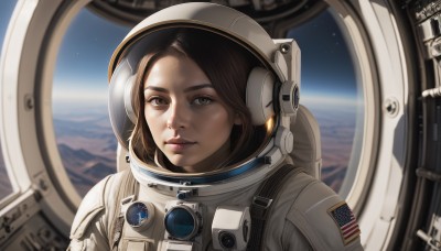 1girl,solo,looking at viewer,brown hair,brown eyes,upper body,sky,artist name,signature,blurry,lips,helmet,portrait,star (sky),reflection,science fiction,realistic,nose,space,planet,earth (planet),american flag,spacecraft,spacesuit,space helmet,astronaut,short hair,closed mouth,blurry background