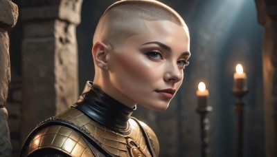 1girl,solo,looking at viewer,short hair,1boy,jewelry,grey hair,male focus,earrings,armor,blurry,black eyes,lips,grey eyes,makeup,blurry background,portrait,freckles,realistic,nose,stud earrings,candle,bald,very short hair,dark skin,eyelashes,pillar,statue,gorget