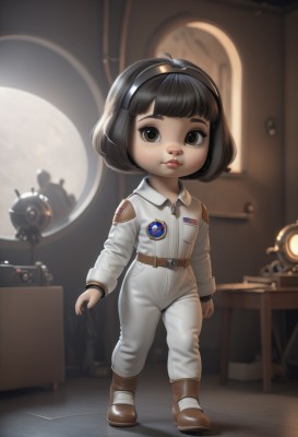 1girl,solo,looking at viewer,short hair,bangs,brown hair,black hair,brown eyes,closed mouth,standing,full body,hairband,boots,belt,indoors,chibi,black eyes,lips,brown footwear,table,bob cut,child,science fiction,realistic,female child,jumpsuit,spacecraft,spacesuit,gloves,uniform,military,military uniform,nose,emblem,badge,patch