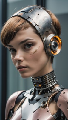 1girl,solo,looking at viewer,short hair,brown hair,brown eyes,upper body,parted lips,armor,blurry,lips,blurry background,headgear,headphones,scar,portrait,freckles,science fiction,realistic,android,very short hair,cyborg,closed mouth,signature,eyelashes,expressionless,nose,cable,dirty,damaged,robot joints,cyberpunk,dirty face,mechanical parts