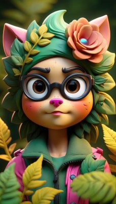 1girl,solo,looking at viewer,blush,smile,short hair,open mouth,shirt,hair ornament,animal ears,brown eyes,collarbone,jacket,upper body,flower,sweat,outdoors,parted lips,green hair,open clothes,glasses,artist name,cat ears,hair flower,blurry,open jacket,lips,depth of field,blurry background,rose,leaf,plant,red flower,furry,pink flower,zipper,freckles,black-framed eyewear,blurry foreground,furry female,pink jacket,zipper pull tab,body fur,leaf on head,animal nose,male focus,vest,open vest