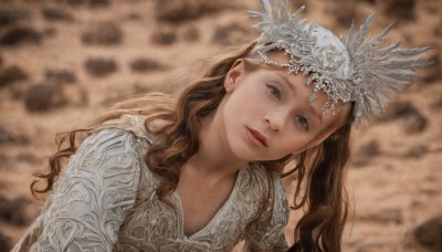 1girl,solo,long hair,looking at viewer,brown hair,dress,brown eyes,closed mouth,upper body,white dress,blurry,lips,head tilt,dutch angle,depth of field,blurry background,wavy hair,freckles,curly hair,realistic,parted lips,armor,feathers,crown,portrait