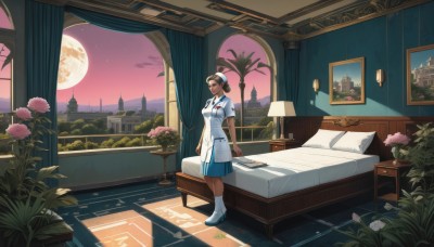 1girl,solo,looking at viewer,short hair,brown hair,hat,dress,holding,standing,flower,short sleeves,sky,socks,cloud,indoors,apron,tree,pillow,window,bed,night,shadow,white headwear,on bed,moon,table,white footwear,plant,curtains,white socks,building,scenery,full moon,pink flower,nurse cap,potted plant,nurse,lamp,cityscape,wide shot,clipboard,painting (object),boots,hair bun,white dress,uniform,book,star (sky)