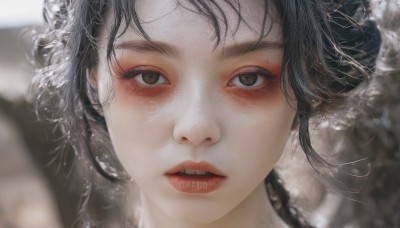 1girl,solo,long hair,looking at viewer,blush,open mouth,black hair,brown eyes,parted lips,teeth,water,blurry,black eyes,lips,makeup,depth of field,blurry background,portrait,close-up,realistic,red lips,bangs,eyelashes,messy hair,nose