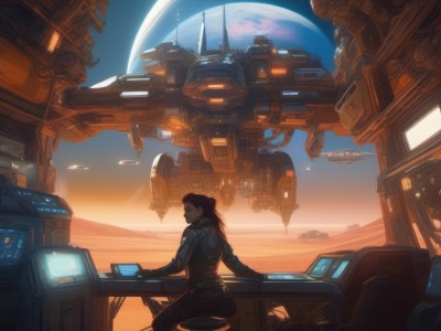 1girl,solo,long hair,brown hair,black hair,sitting,sky,pants,hair bun,from behind,single hair bun,robot,scenery,mecha,science fiction,aircraft,space,computer,monitor,planet,spacecraft,spacesuit,cyberpunk,desert,cockpit,screen,holographic interface,hologram,1boy,belt,sunset,realistic,earth (planet),tablet pc