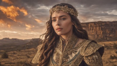 1girl,solo,long hair,looking at viewer,brown hair,brown eyes,closed mouth,upper body,outdoors,sky,cloud,blurry,lips,blurry background,wavy hair,cloudy sky,portrait,mountain,realistic,nose,fantasy,head wreath,armor,scenery