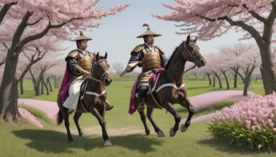 black hair,hat,weapon,male focus,outdoors,multiple boys,sky,day,sword,2boys,cape,armor,tree,petals,facial hair,grass,cherry blossoms,shoulder armor,riding,brothers,horse,horseback riding,reins,gloves,holding,closed mouth,flower,holding weapon,looking at another,blue sky,animal,helmet,nature,scenery,pink flower,breastplate,mustache,japanese armor,field,saddle