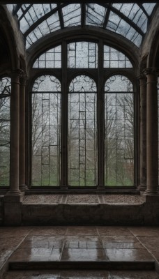 outdoors,sky,day,cloud,indoors,tree,no humans,window,nature,scenery,snow,forest,reflection,stairs,tiles,tile floor,winter,pillar,bare tree,puddle,fog,arch,reflective floor,pavement,architecture,ruins,floor,column,brick floor,broken window