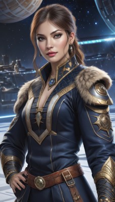 1girl,solo,long hair,breasts,looking at viewer,brown hair,long sleeves,dress,cleavage,brown eyes,jewelry,medium breasts,braid,earrings,sky,belt,necklace,armor,lips,coat,hand on hip,fur trim,makeup,night,lipstick,star (sky),realistic,nose,space,ponytail,artist name,signature,nail polish,gem,black nails,night sky,eyeshadow,starry sky,red lips