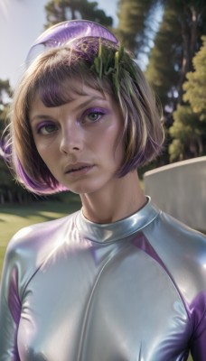 1girl,solo,breasts,looking at viewer,short hair,bangs,large breasts,brown hair,green eyes,upper body,multicolored hair,outdoors,parted lips,day,shiny,artist name,blurry,tree,lips,bodysuit,makeup,blurry background,bob cut,skin tight,eyeshadow,freckles,realistic,nose,latex,purple bodysuit,latex bodysuit,medium breasts,closed mouth,eyelashes,watermark,expressionless,web address,mascara