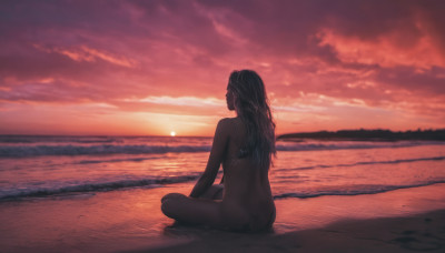 1girl, solo, long hair, sitting, swimsuit, ass, bikini, outdoors, sky, barefoot, cloud, water, from behind, dutch angle, bottomless, ocean, beach, cloudy sky, bikini top only, sunset, sand, horizon