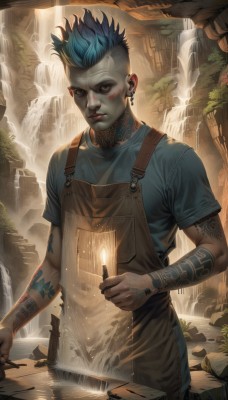 solo,looking at viewer,short hair,blue eyes,shirt,1boy,holding,jewelry,closed mouth,blue hair,standing,short sleeves,male focus,multicolored hair,earrings,artist name,water,apron,tattoo,facial mark,piercing,fire,t-shirt,ear piercing,realistic,fantasy,candle,overalls,arm tattoo,facial tattoo,waterfall,brown apron,1girl,two-tone hair,colored skin,knife,rock,facepaint,mohawk,nose piercing