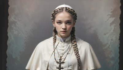 1girl,solo,long hair,looking at viewer,blue eyes,brown hair,black hair,dress,jewelry,upper body,braid,hairband,earrings,parted lips,necklace,white dress,twin braids,lips,grey eyes,capelet,cross,forehead,realistic,cross necklace,white capelet,multiple braids,blonde hair,simple background,shirt,hat,brown eyes,closed mouth,white shirt,multicolored hair,grey background,water,white headwear,robe,nose,latin cross,white robe