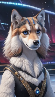 solo,looking at viewer,smile,blue eyes,jewelry,closed mouth,upper body,signature,vest,no humans,animal,brooch,gem,star (sky),furry,dog,black vest,animal focus,white fur,whiskers,blue gemstone,1girl,animal ears,artist name,necklace,furry female,animal nose,snout