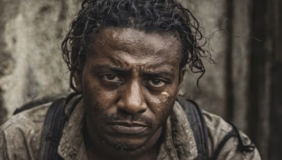 solo,looking at viewer,short hair,shirt,black hair,1boy,white shirt,male focus,parted lips,teeth,dark skin,bag,blurry,black eyes,blurry background,facial hair,dark-skinned male,backpack,messy hair,portrait,beard,realistic,mustache,stubble,dirty,dirty face,manly