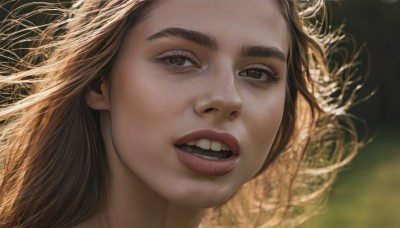 1girl,solo,long hair,looking at viewer,open mouth,brown hair,brown eyes,teeth,blurry,lips,blurry background,upper teeth only,thick eyebrows,portrait,close-up,freckles,realistic,nose,eyelashes